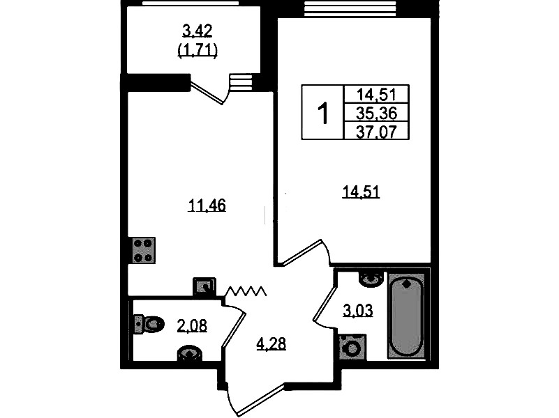 1-комнатная квартира 37.07 м², 12/12 эт., ЖК «UP! Квартал Воронцовский»